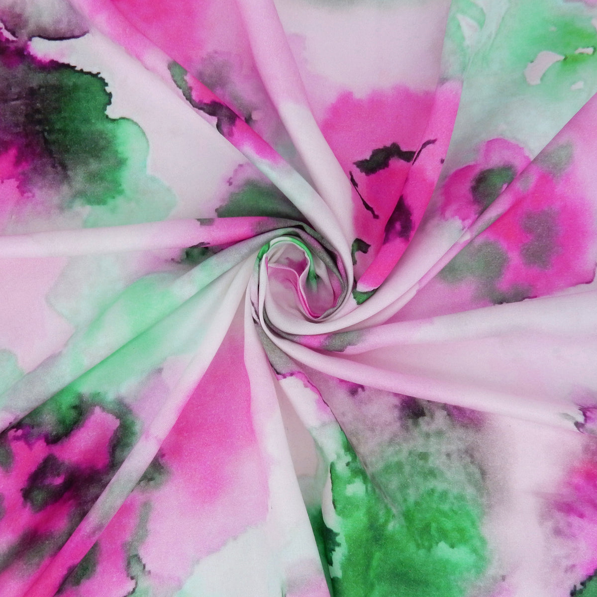 Premium 100% Rayon Challis Fabric. Watercolor floral Print in Fuchsia and Green. lightweight & ultra soft. shown swirled