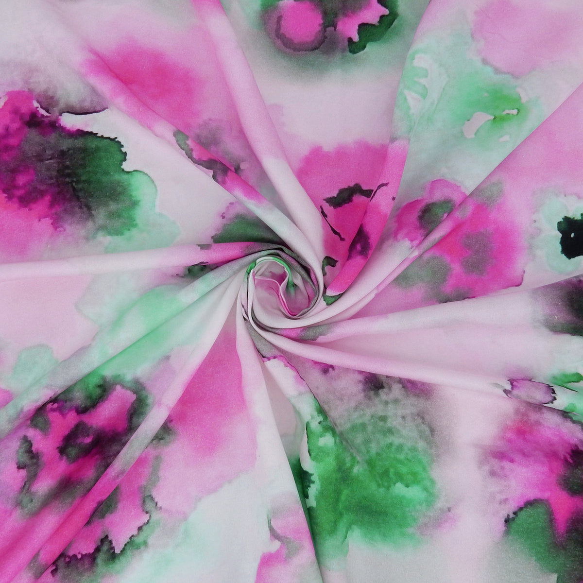 Premium 100% Rayon Challis Fabric. Watercolor floral Print in Fuchsia and Green. lightweight & ultra soft. shown swirled
