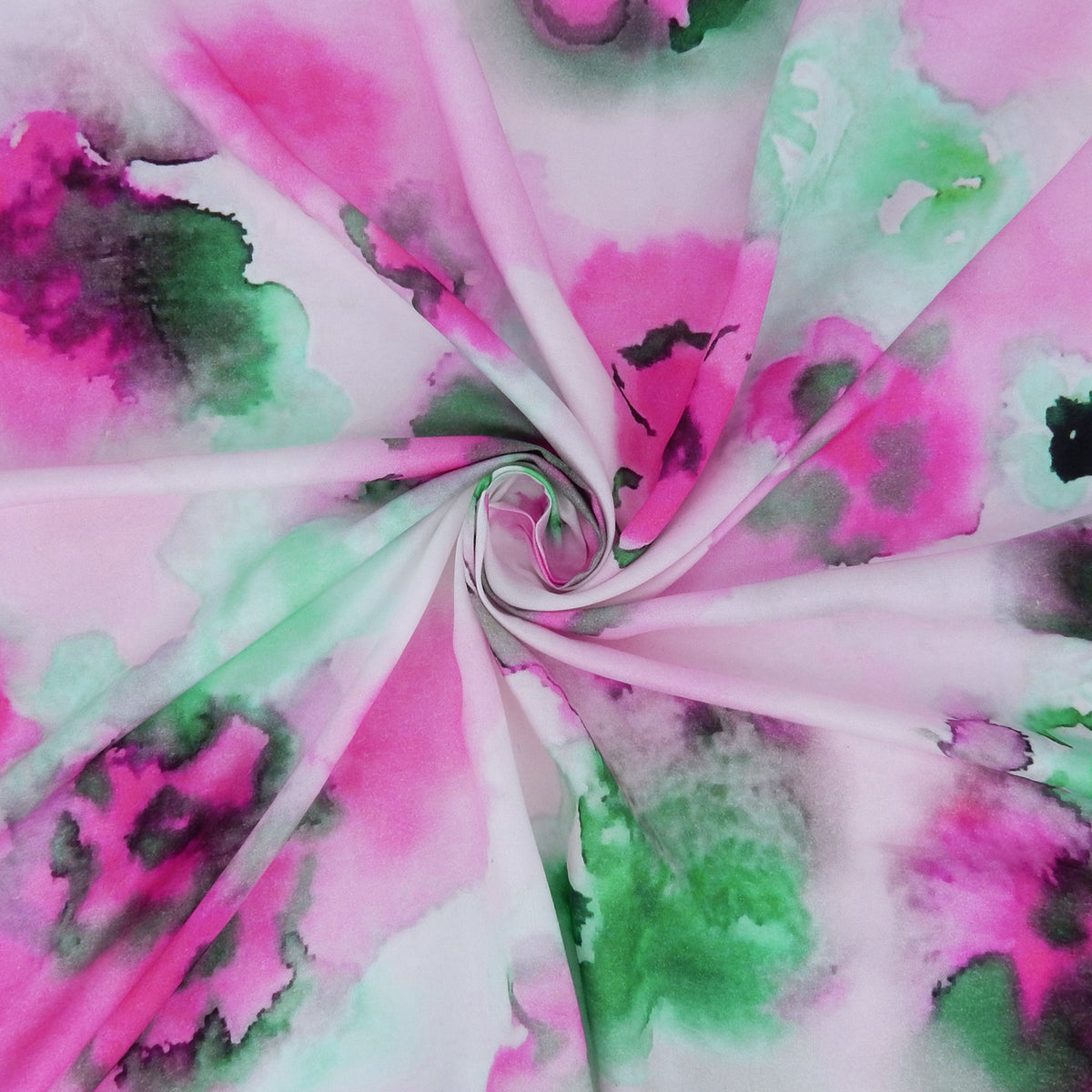Premium 100% Rayon Challis Fabric. Watercolor floral Print in Fuchsia and Green. lightweight & ultra soft. shown swirled