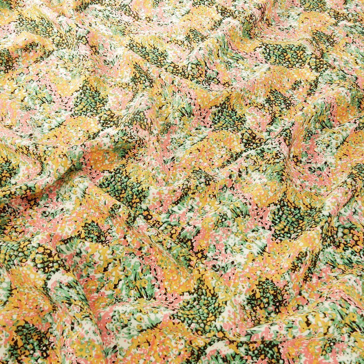 Premium 100% Rayon Challis Fabric. Calico Flower Print in Creamy Gold & Rose. lightweight & ultra soft. shown lightly gathered