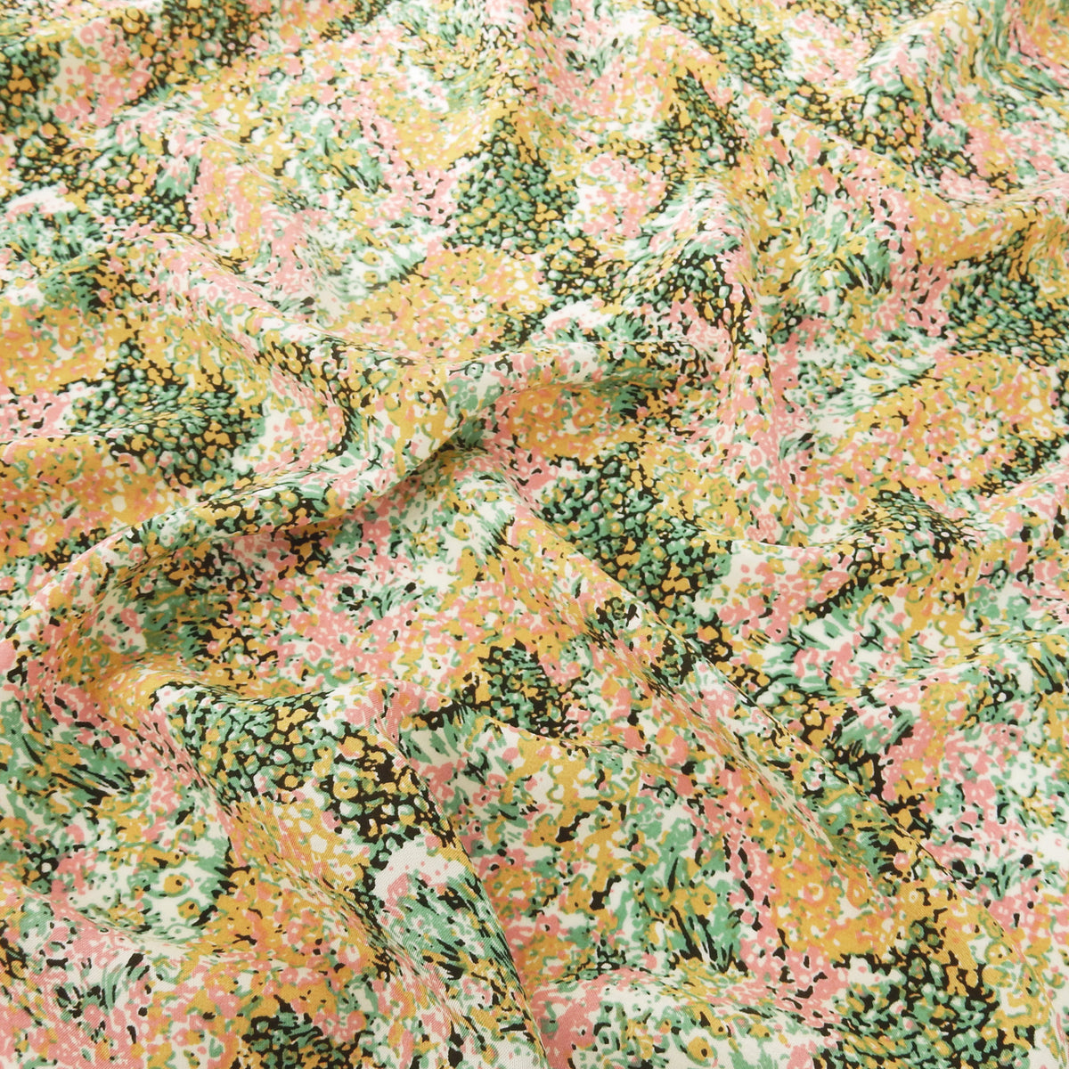 Premium 100% Rayon Challis Fabric. Calico Flower Print in Creamy Gold & Rose. lightweight & ultra soft. shown lightly gathered