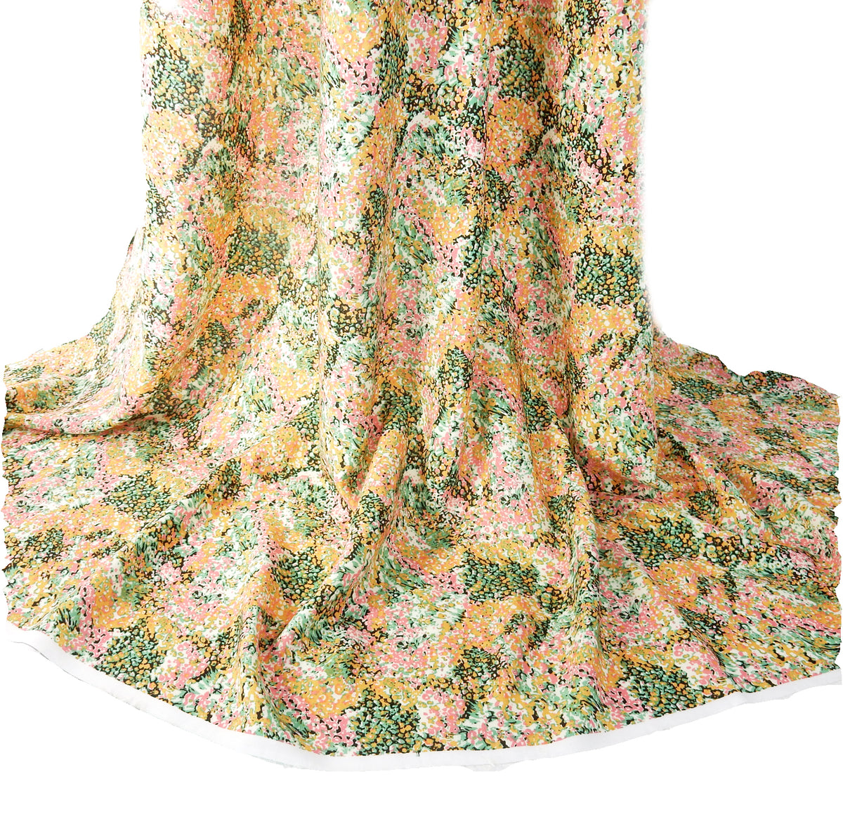 Premium 100% Rayon Challis Fabric. Calico Flower Print in Creamy Gold & Rose. lightweight & ultra soft. shown draped