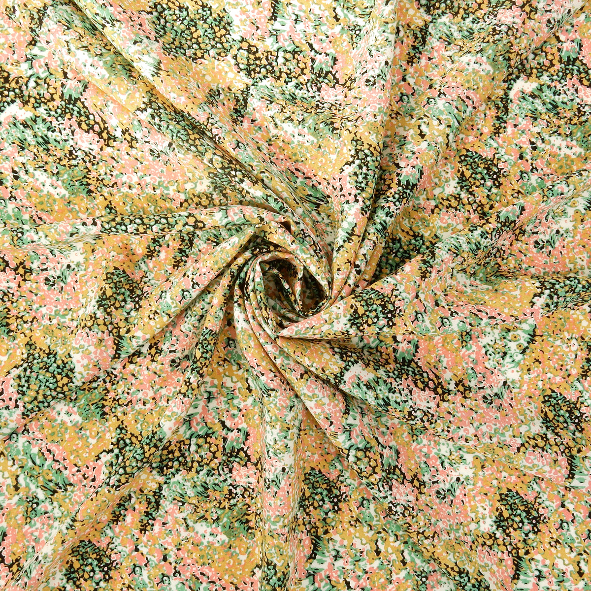 Premium 100% Rayon Challis Fabric. Calico Flower Print in Creamy Gold & Rose. lightweight & ultra soft. shown swirled