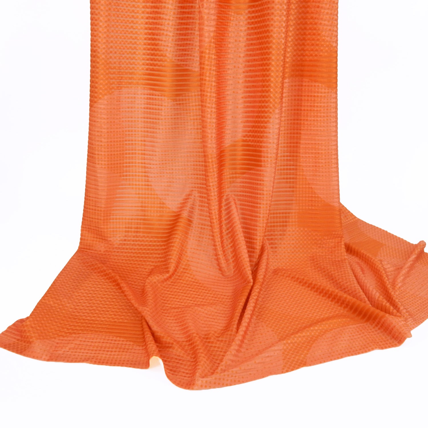 Premium Printed Burnout Stretch Velvet Fabric. Luxury spanish ombre' spice & orange design on polyester spandex horizontal stripe velvet burnout. Shown draped