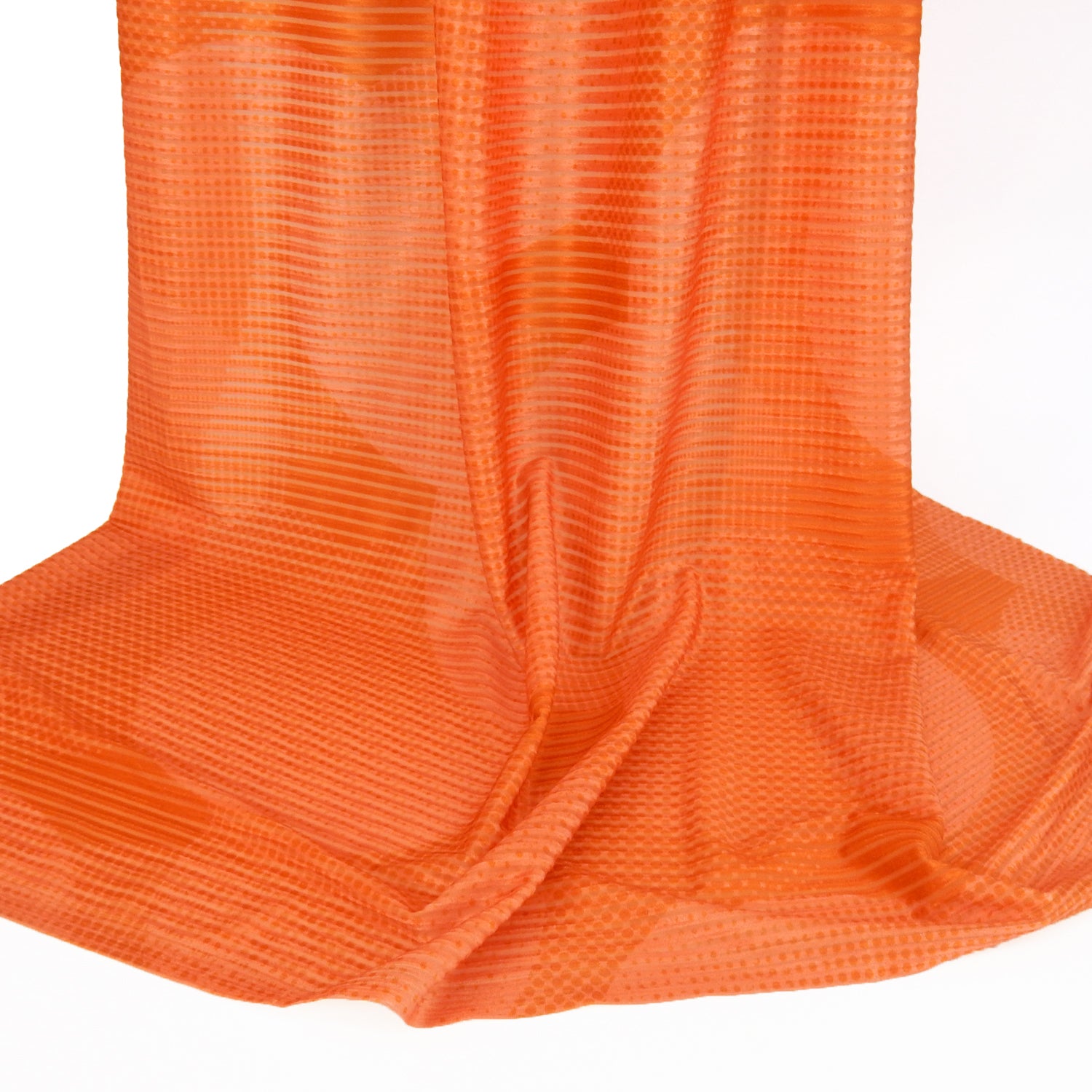 Premium Printed Burnout Stretch Velvet Fabric. Luxury spanish ombre' spice & orange design on polyester spandex horizontal stripe velvet burnout. Shown draped