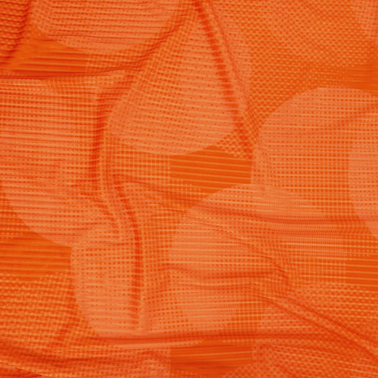 Premium Printed Burnout Stretch Velvet Fabric. Luxury spanish ombre' spice & orange design on polyester spandex horizontal stripe velvet burnout. Shown lightly gathered