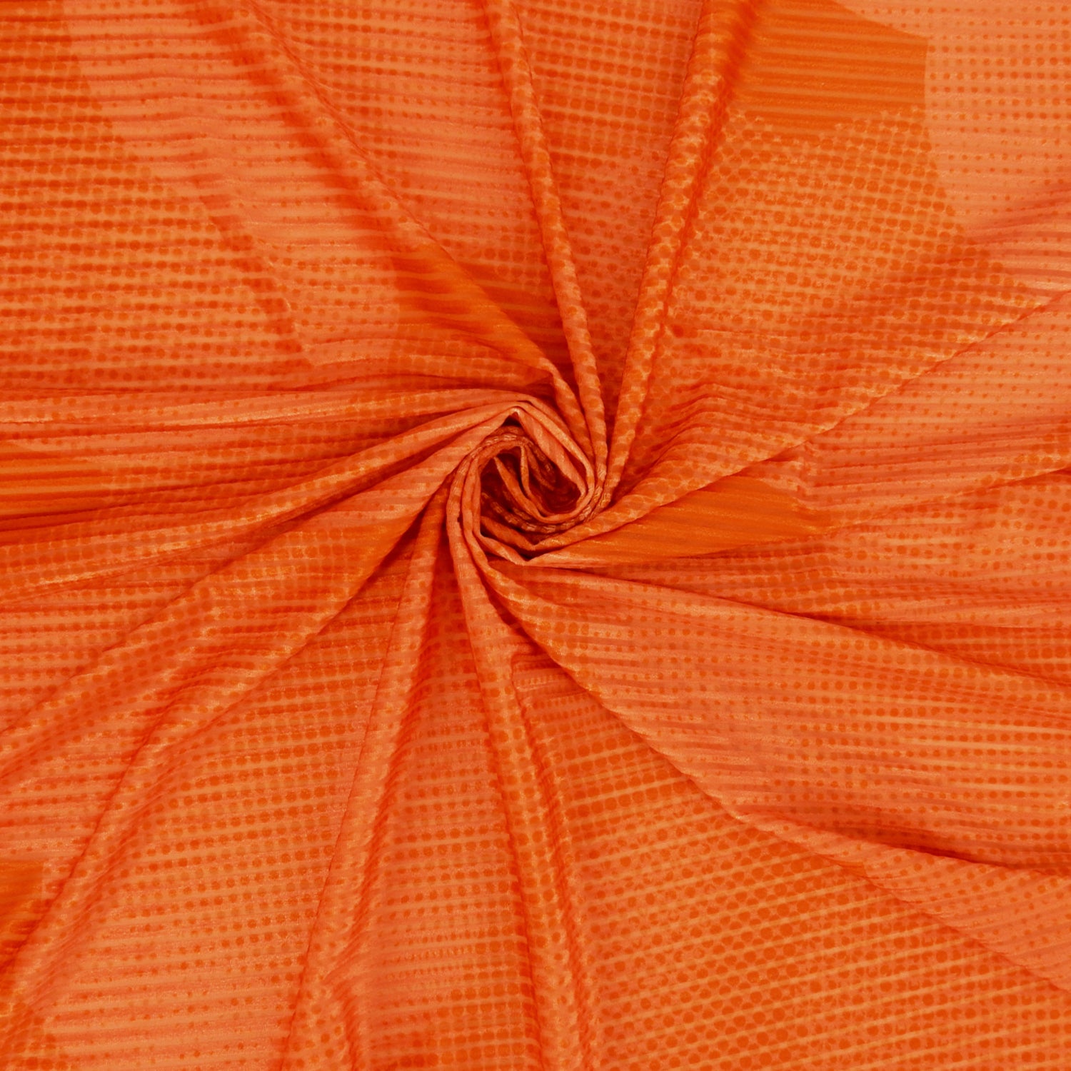 Premium Printed Burnout Stretch Velvet Fabric. Luxury spanish ombre' spice & orange design on polyester spandex horizontal stripe velvet burnout. Shown swirled