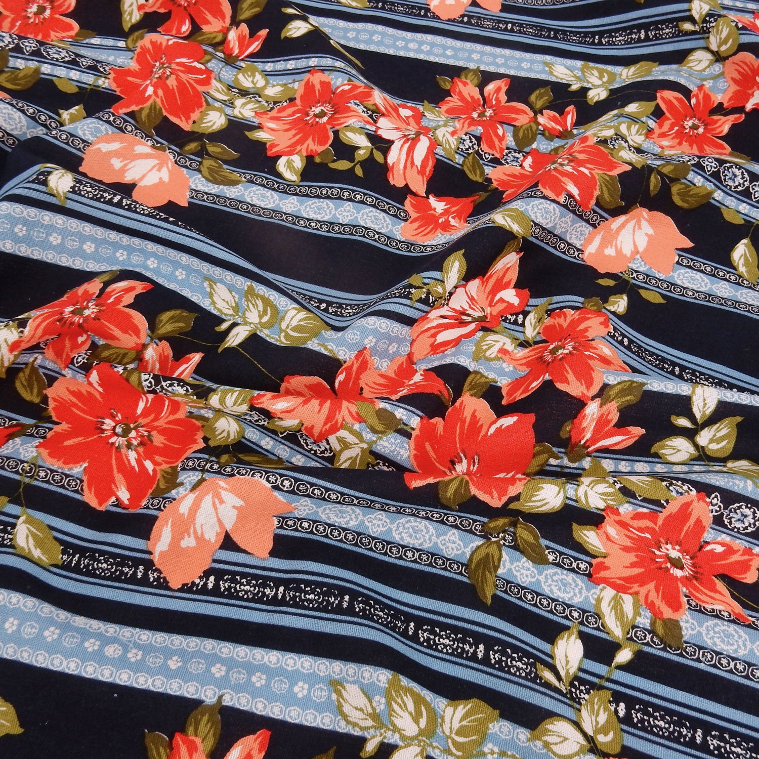 Navy Blue Geo Stripe Harmony Linen-Rayon Fabric 303