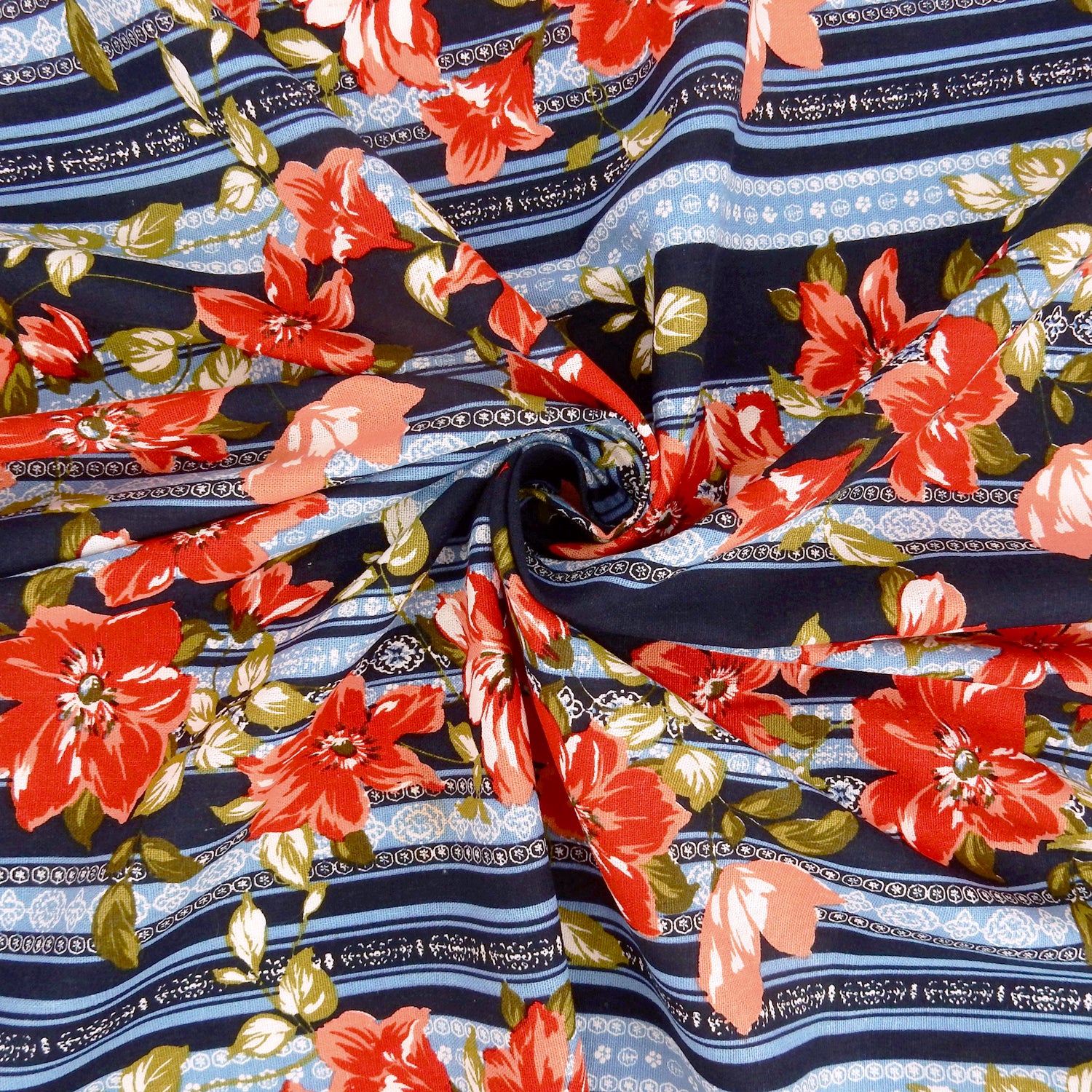 Navy Blue Geo Stripe Harmony Linen-Rayon Fabric 303